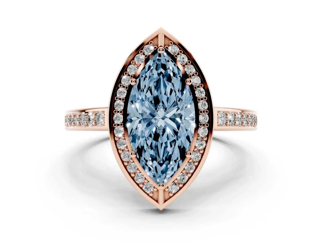 Fancy Blue Marquise Cut Diamond Halo Pavé Split Shank Ring Set in Rose gold with Prong Setting
