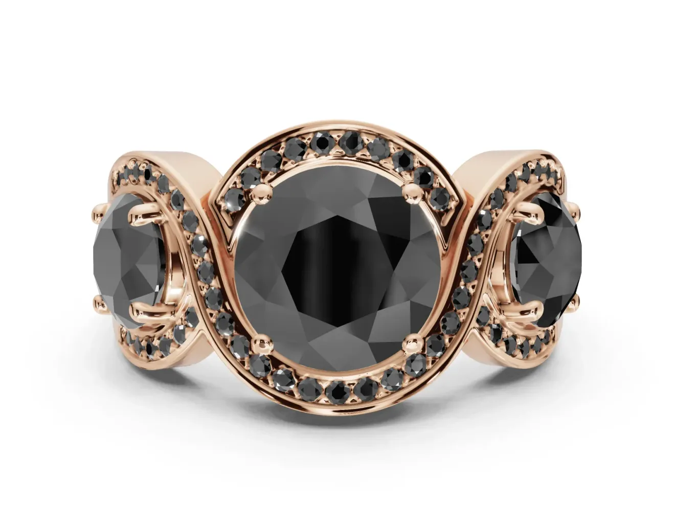 Round Three Stone Halo Engagement Ring Setting for a Black Center | Pavé Wave Band | Rose Gold