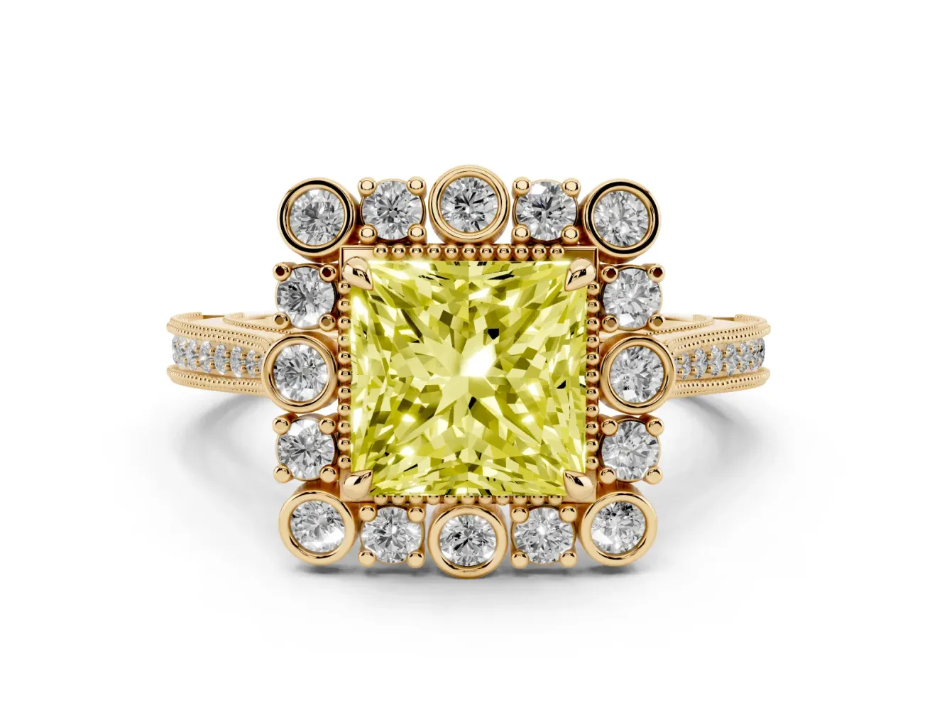 Fancy Yellow Princess Cut Diamond Halo Milgrain Pavé Ring Set in Yellow gold with Prong Setting