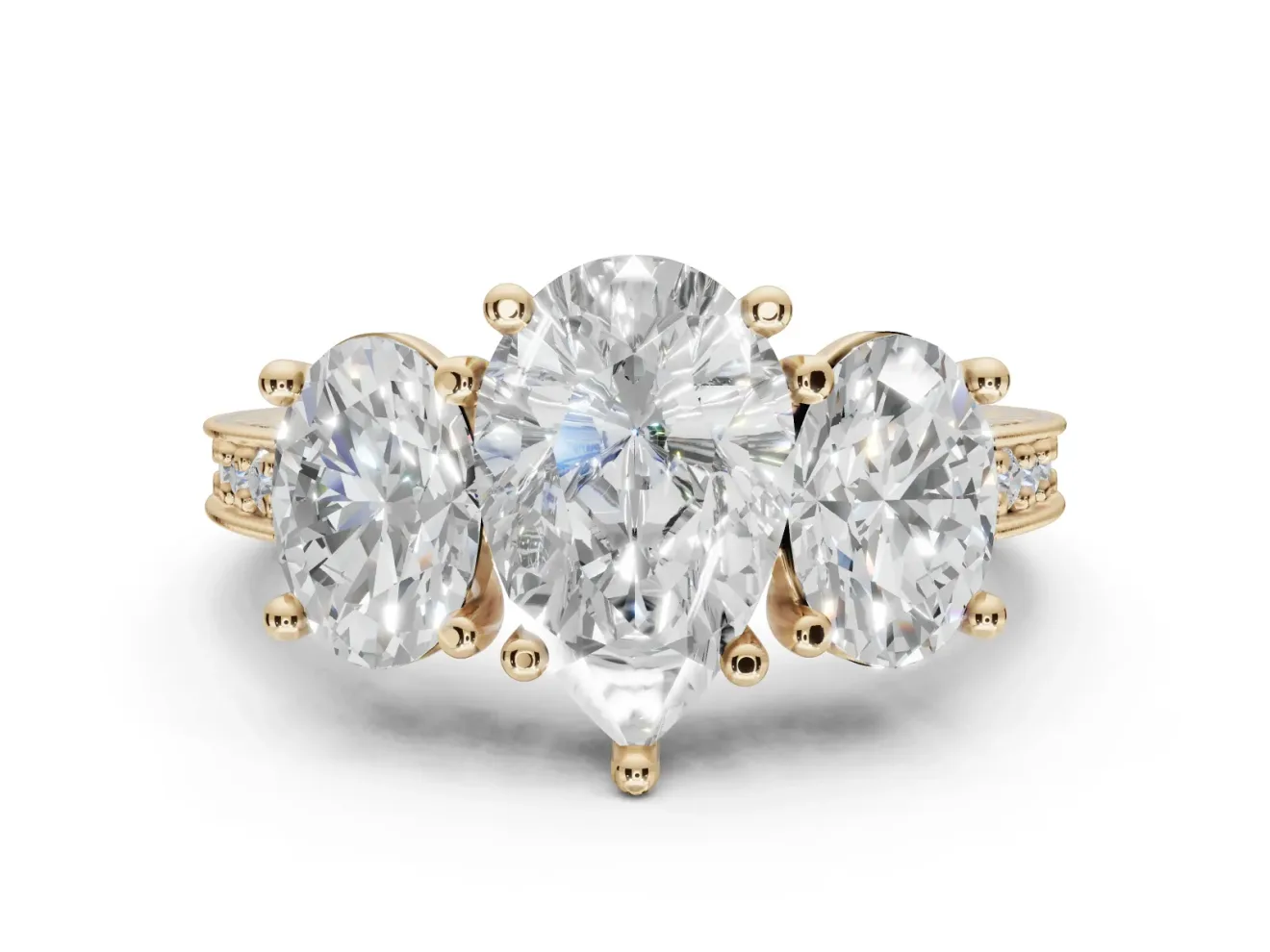 Pear-Shaped Vintage Three Stone Engagement Ring Setting | Graduated Pavé | Yellow Gold
