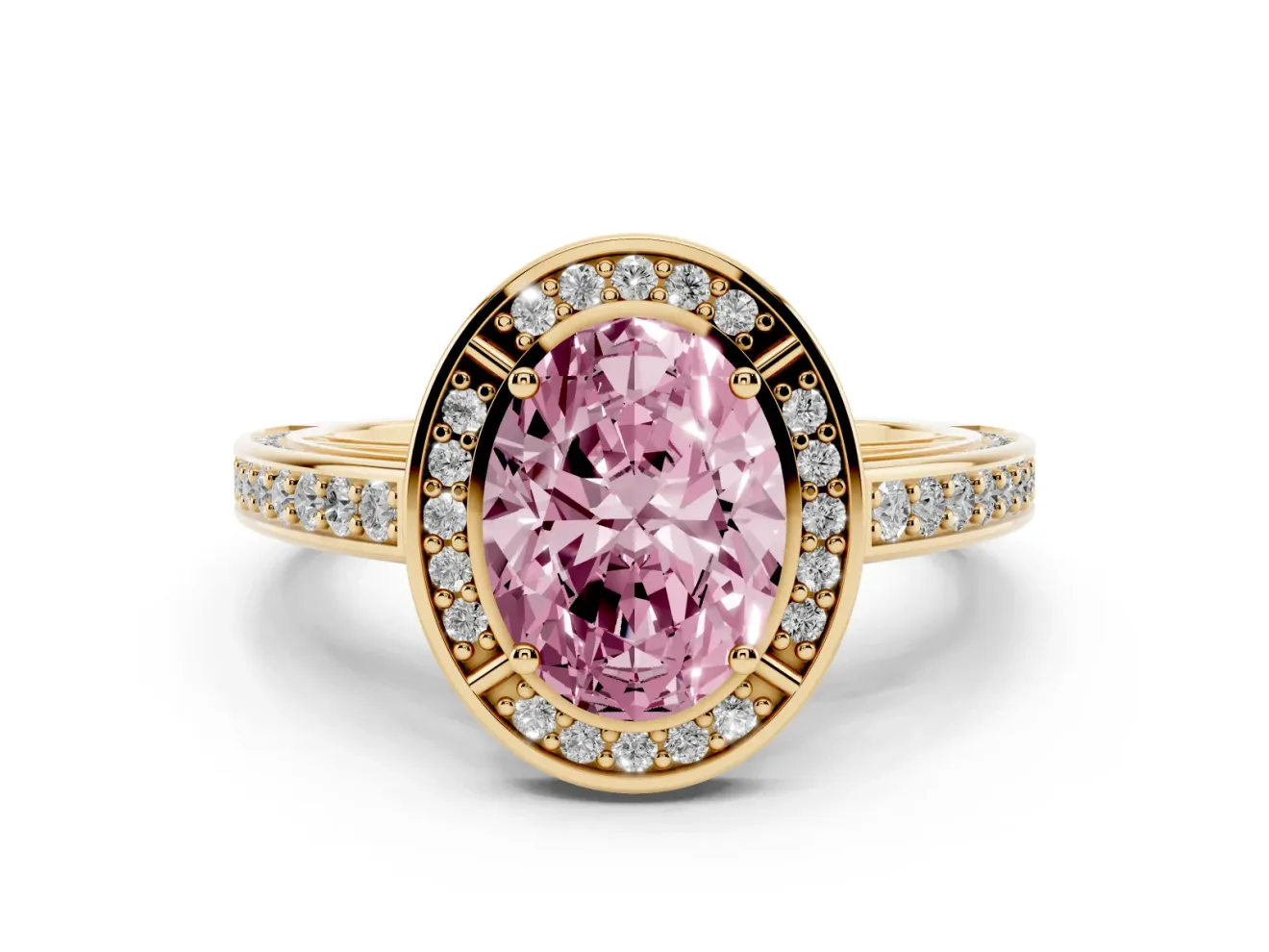 Fancy Pink Oval Cut Diamond Halo Pavé Split Shank Ring Set in Yellow gold with Prong Setting