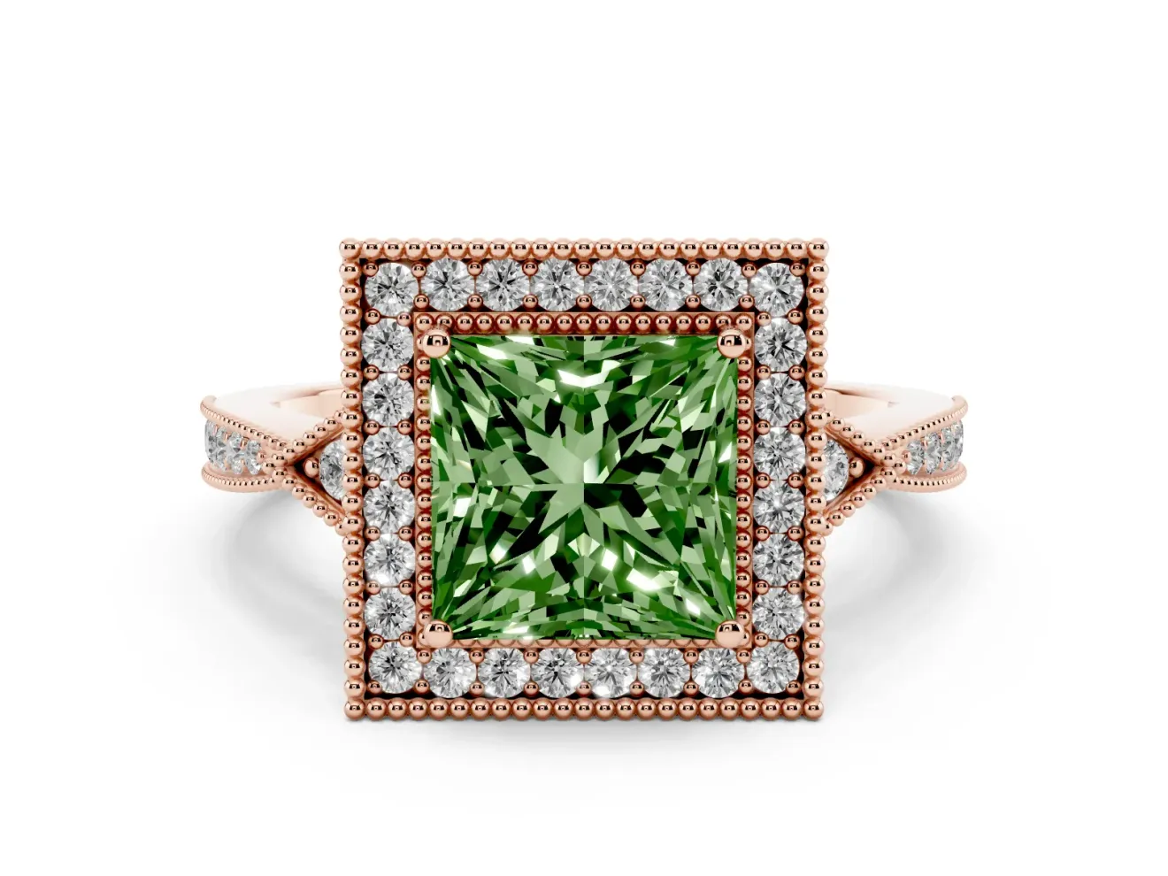 Fancy Green Princess Cut Diamond Halo Engagement Ring Set in Rose gold with Milgrain Pavé Band
