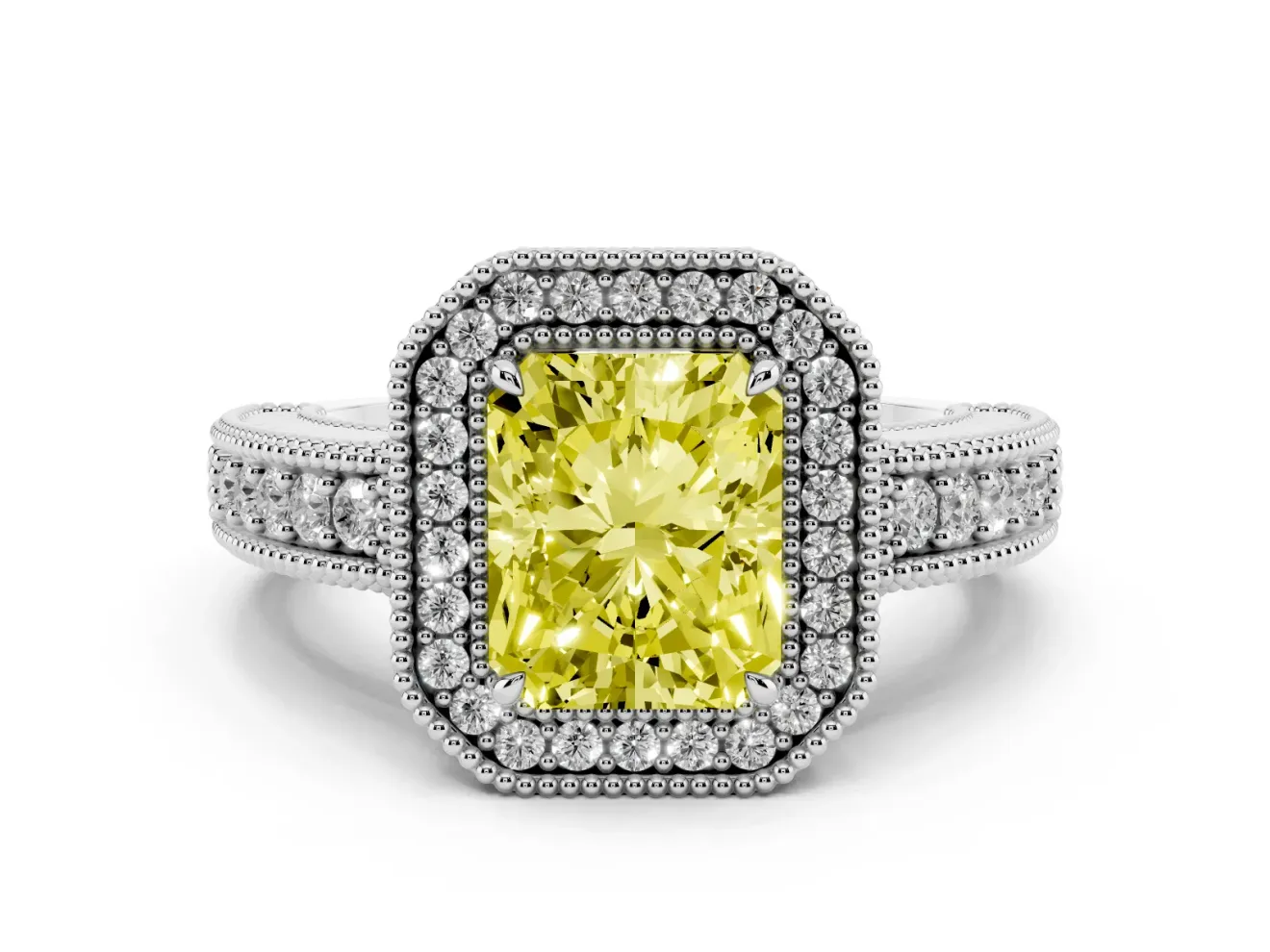Radiant Cut Milgrain Halo Engagement Ring Setting for a Fancy Yellow Lab-Grown Diamond | Carved Leaf Detail | White Gold