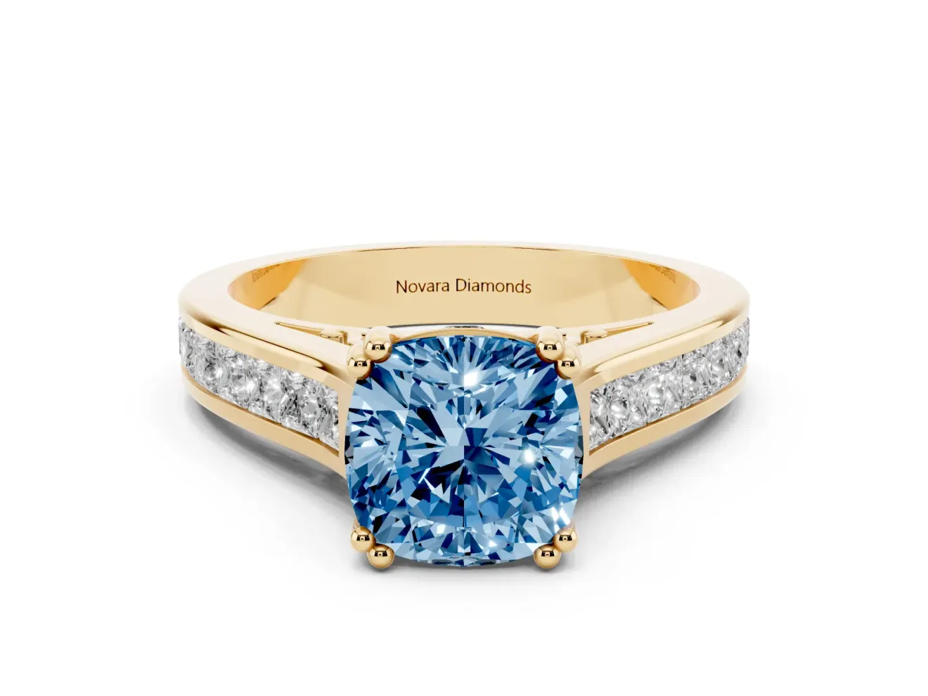 Cushion Cut Channel Engagement Ring Setting for a Fancy Blue Lab-Grown Diamond | Yellow Gold - Design NV-24671
