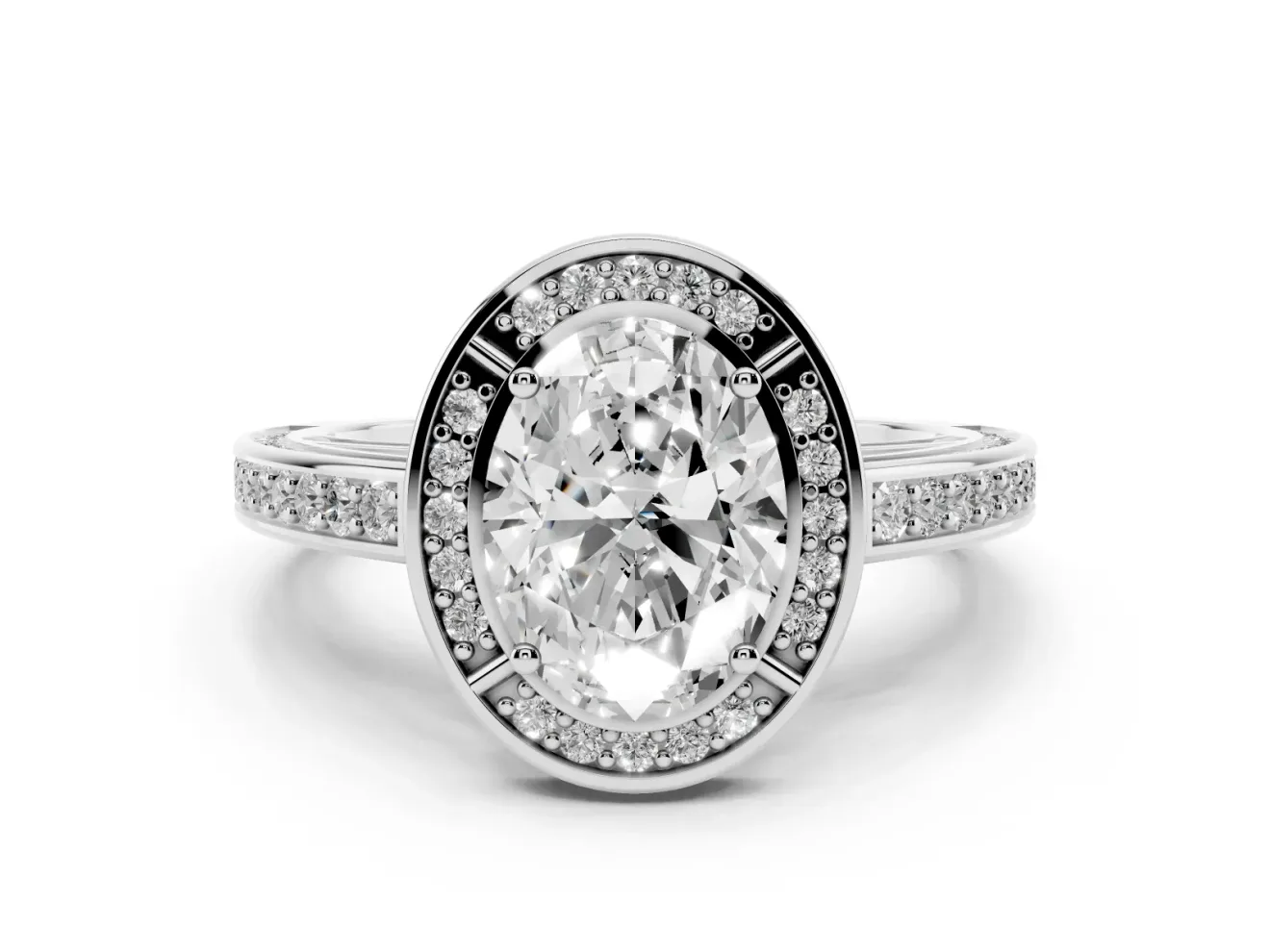 Oval Cut Diamond Halo Pavé Split Shank Ring Set in Silver with Prong Setting