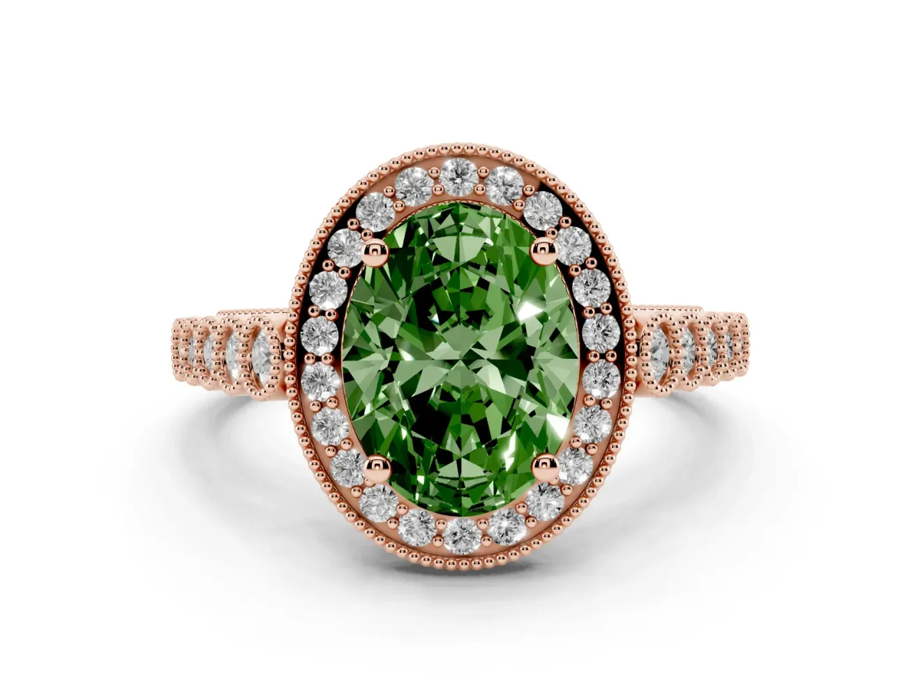 Fancy Green Oval Cut Diamond Milgrain Halo Solitaire Ring Set in Rose gold with Bezel Set Side Stones and Pavé Band