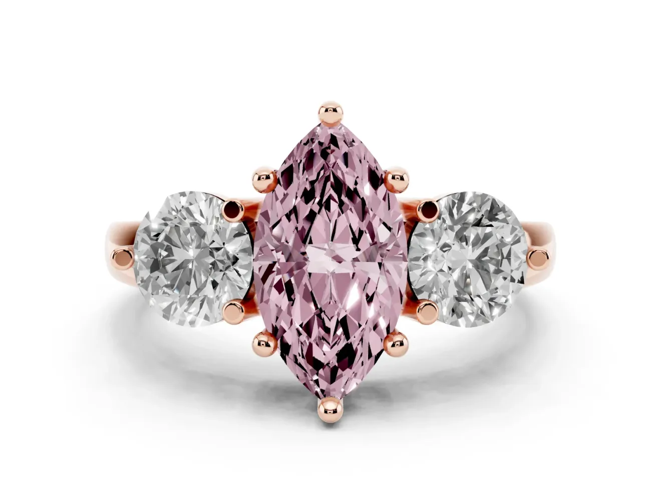 Marquise Three Stone Engagement Ring Setting for a Fancy Pink Lab-Grown Diamond | Open Prong Baskets | Rose Gold