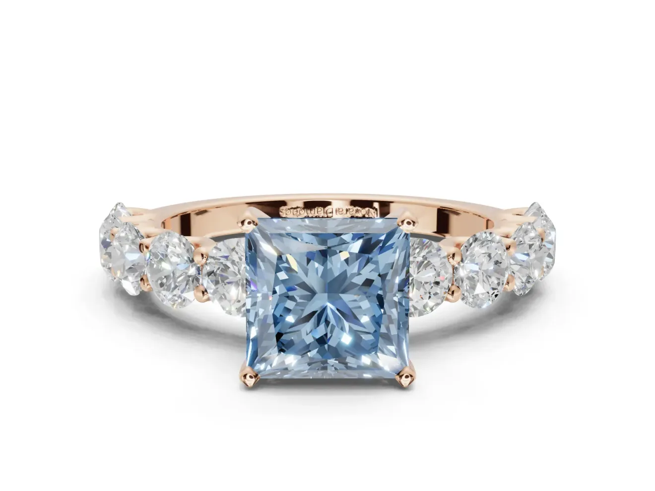 Princess Cut Side Stone Engagement Ring Setting for a Fancy Blue Lab-Grown Diamond | Scalloped Prong Accents | Rose Gold