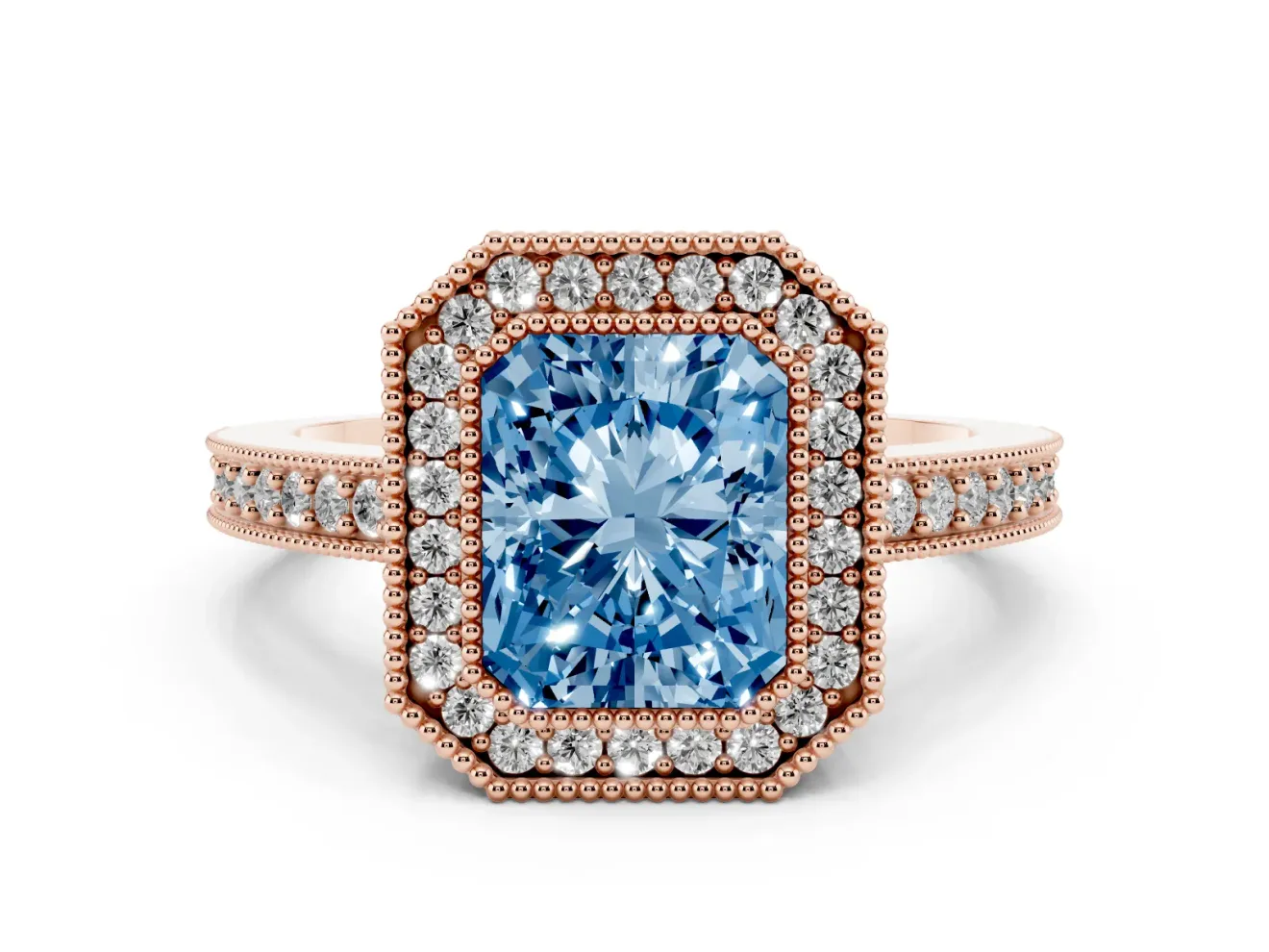 Fancy Blue Radiant Cut Diamond Halo Engagement Ring Set in Rose gold with Pavé Band and Round Halo Stones
