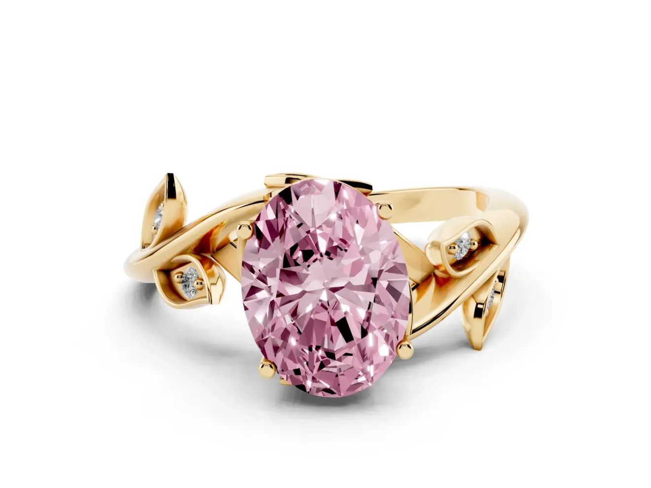 Fancy Pink Oval Cut Diamond Solitaire Twist Engagement Ring Set in Yellow gold with Pavé Leaf Accents