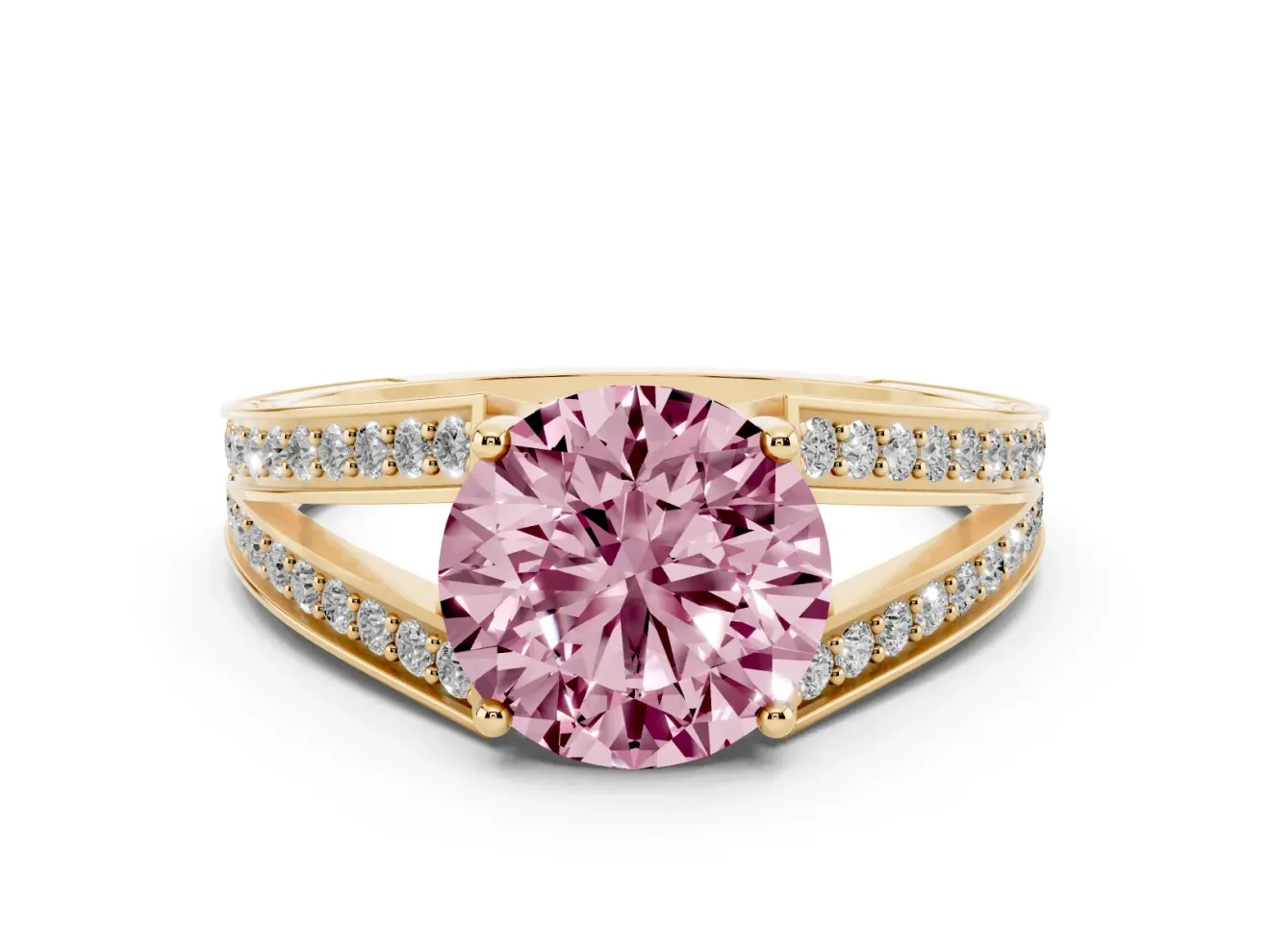 Fancy Pink Round Cut Diamond Split Shank Ring Set in Yellow gold with Pavé Band and Prong Setting