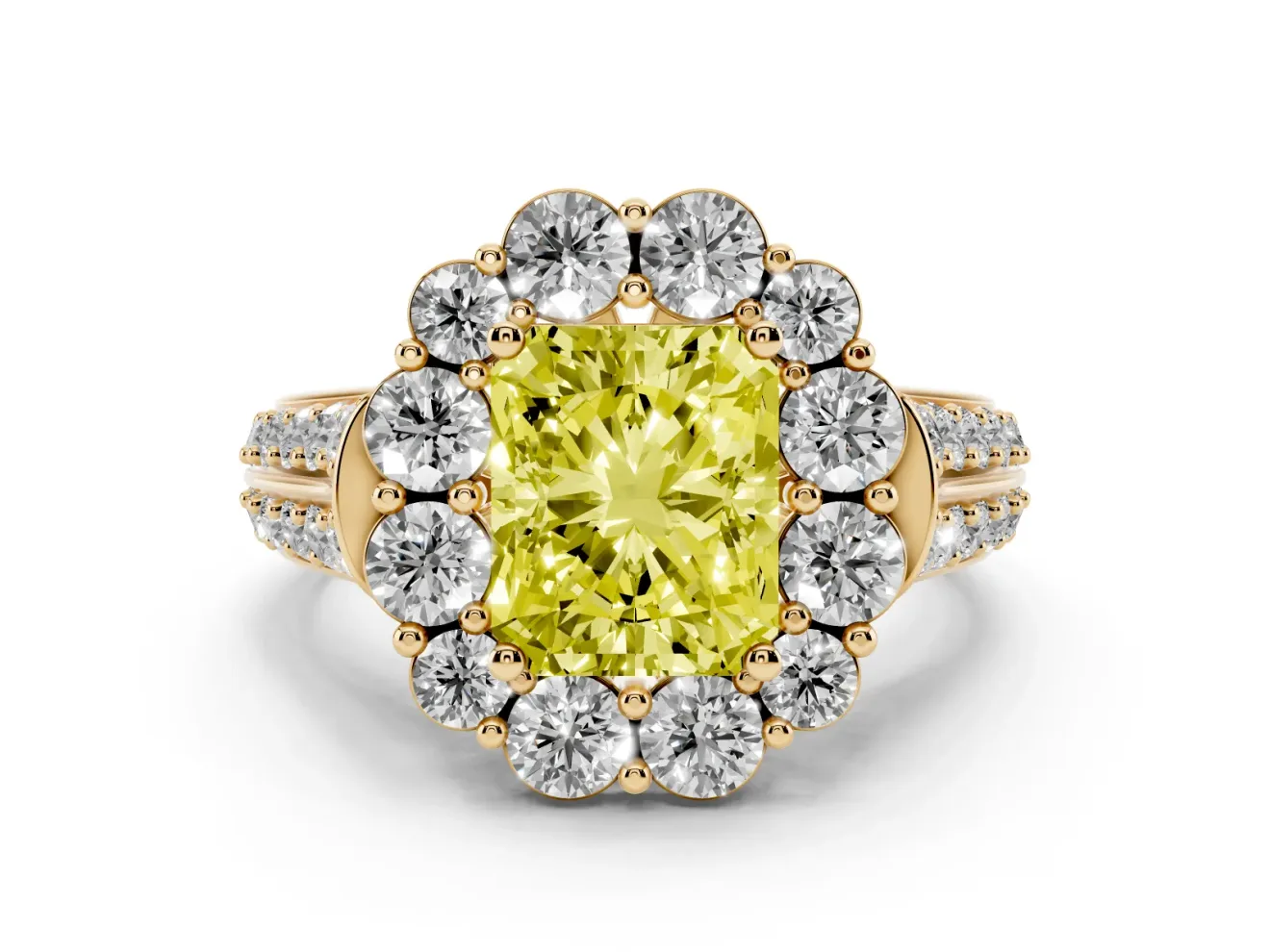 Radiant Cut Large Accent Halo Engagement Ring Setting for a Fancy Yellow Lab-Grown Diamond | Yellow Gold