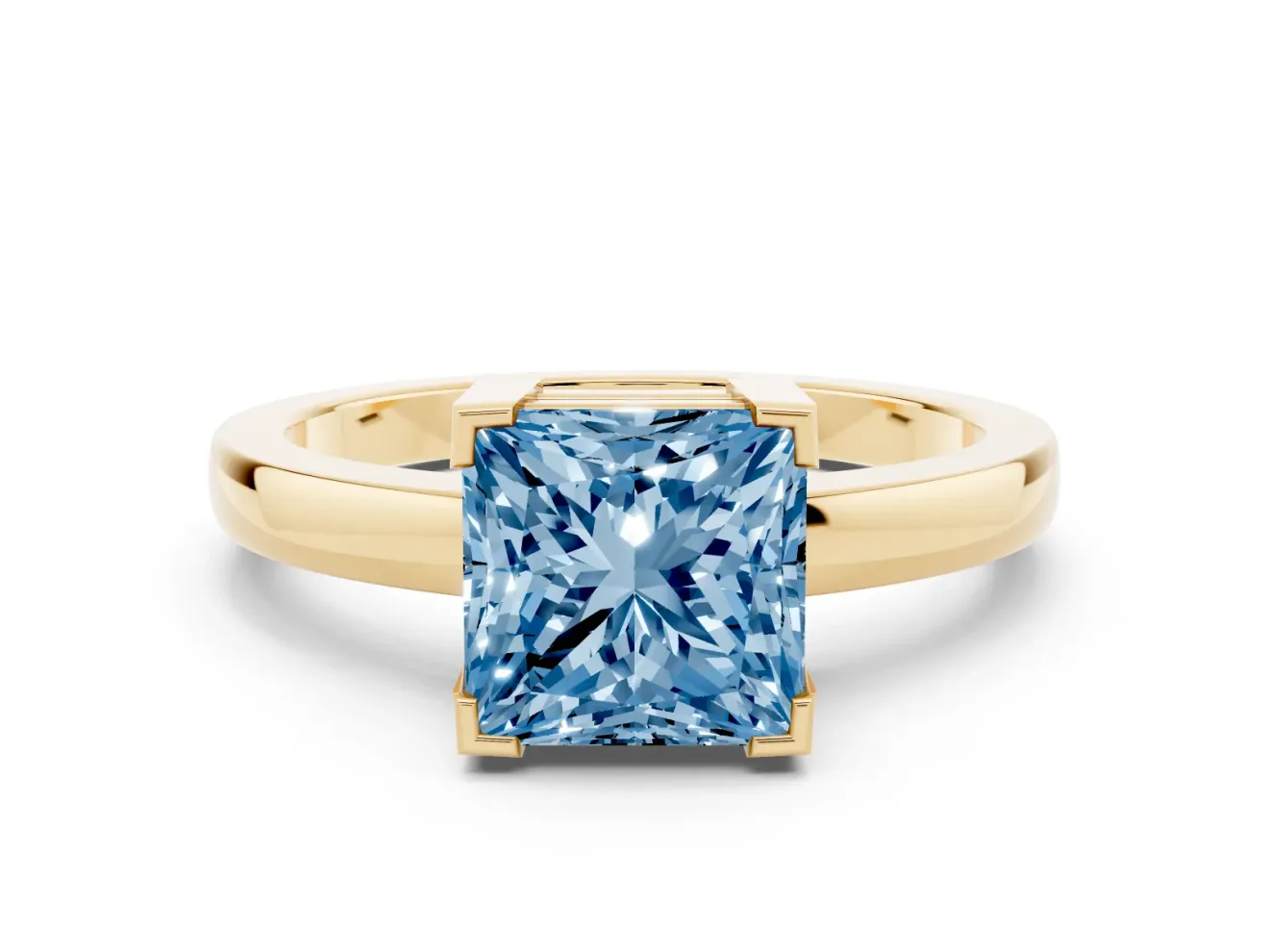 Fancy Blue Princess Cut Diamond Solitaire Ring Set in Yellow gold with Prong Head and Smooth Polished Band