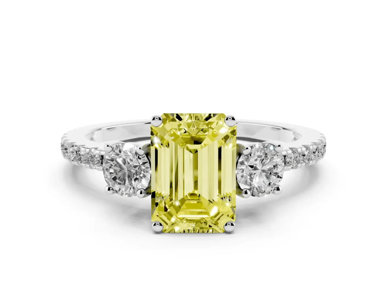 Emerald Cut Three Stone Engagement Ring Setting for a Fancy Yellow Lab-Grown Diamond | Pave Shoulders | Sterling Silver
