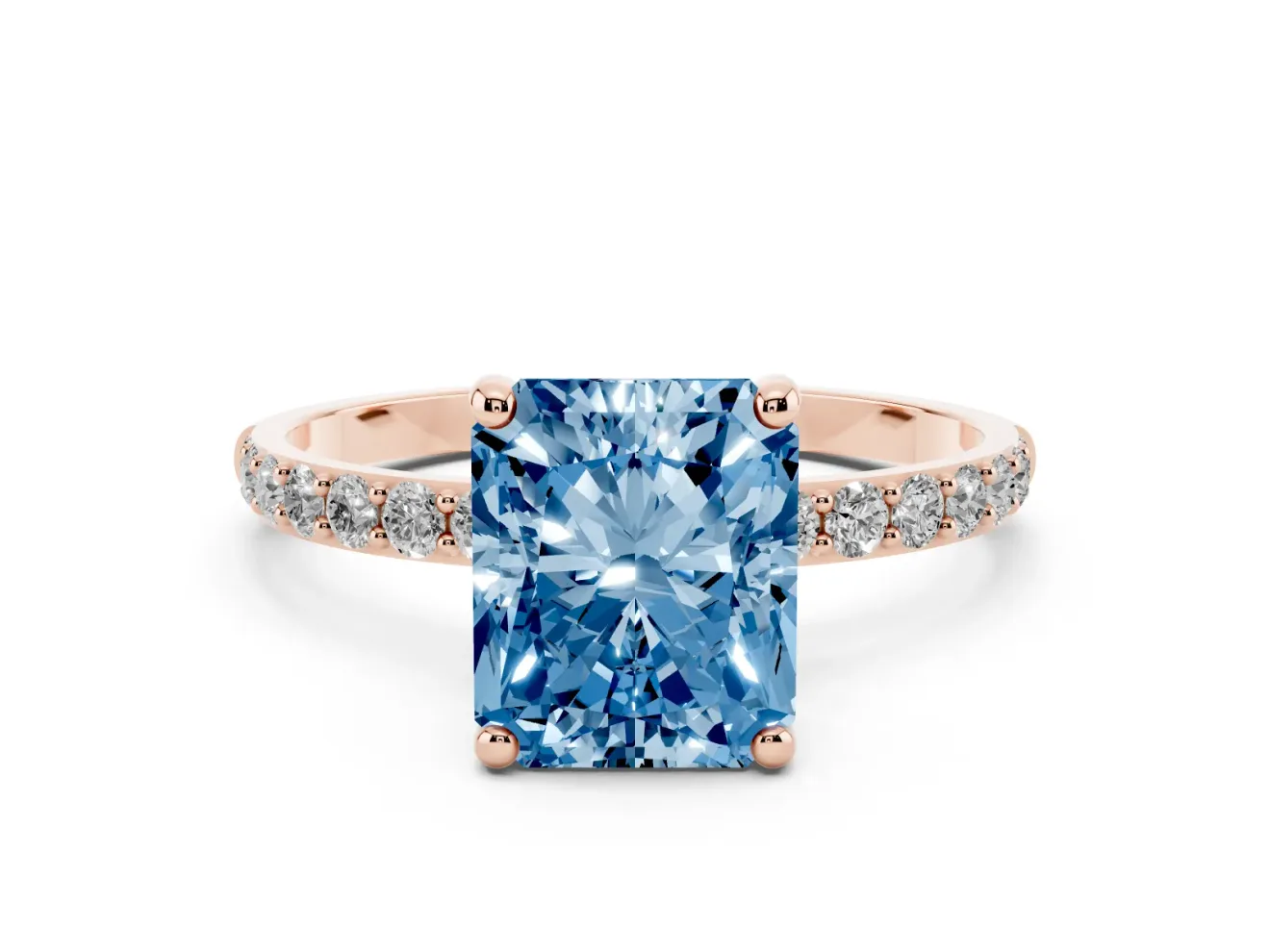 Radiant Cut Pave Solitaire Engagement Ring Setting for a Fancy Blue Lab-Grown Diamond | Pave Shoulders | Rose Gold