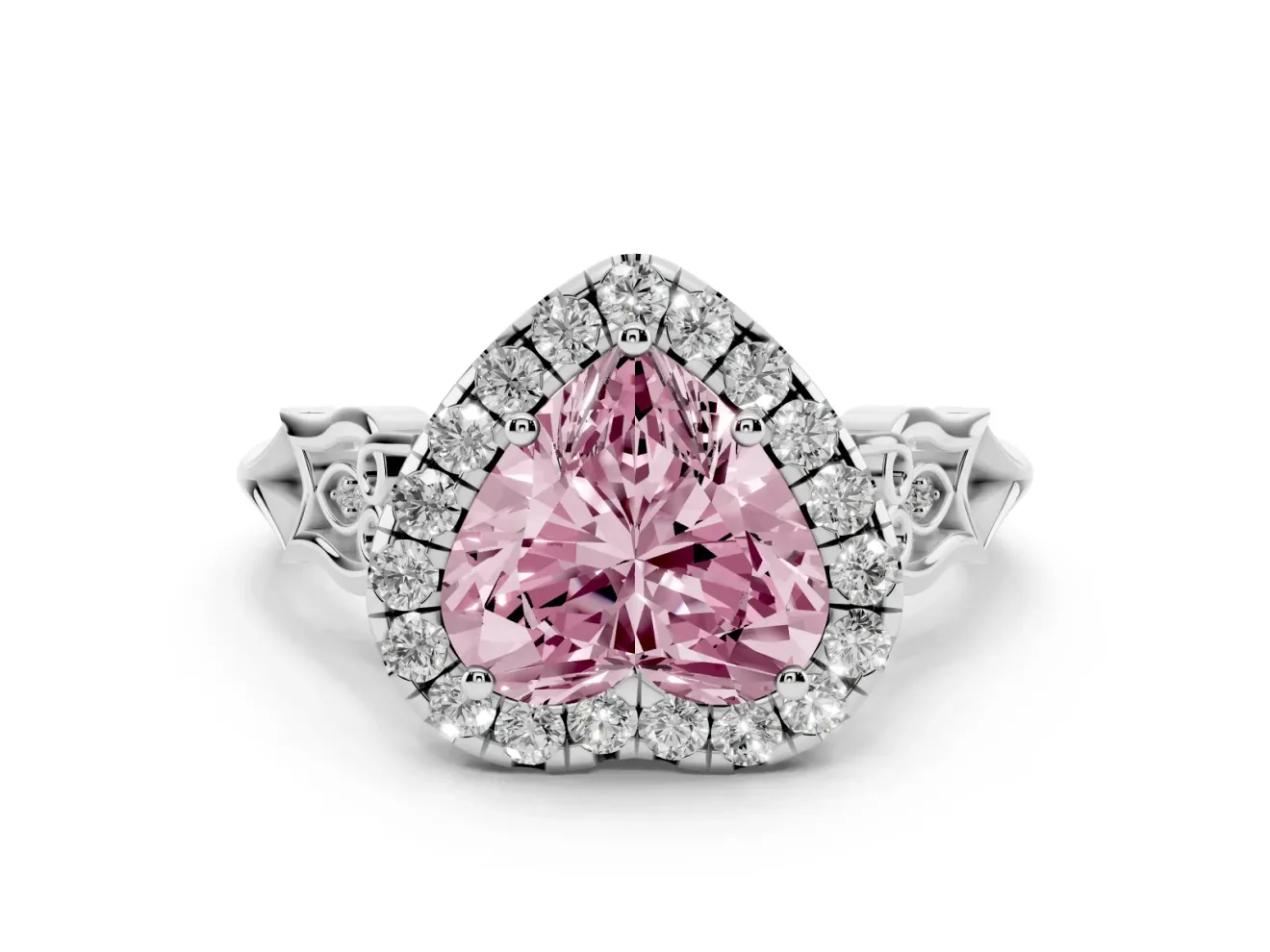 Heart-Shaped Halo Engagement Ring Setting for a Fancy Pink Lab-Grown Diamond | Filigree Shoulders | White Gold