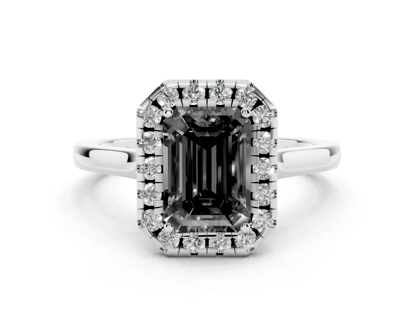 Emerald Cut Halo Engagement Ring Setting for a Black Center | Flat Tapered Band | Platinum
