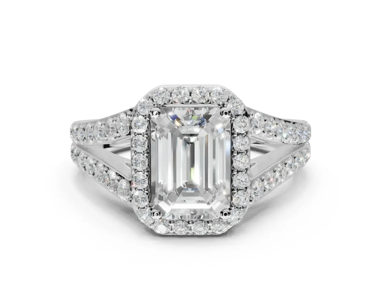 Emerald Cut Halo Pavé Engagement Ring Setting | Narrow Split Shank | White Gold