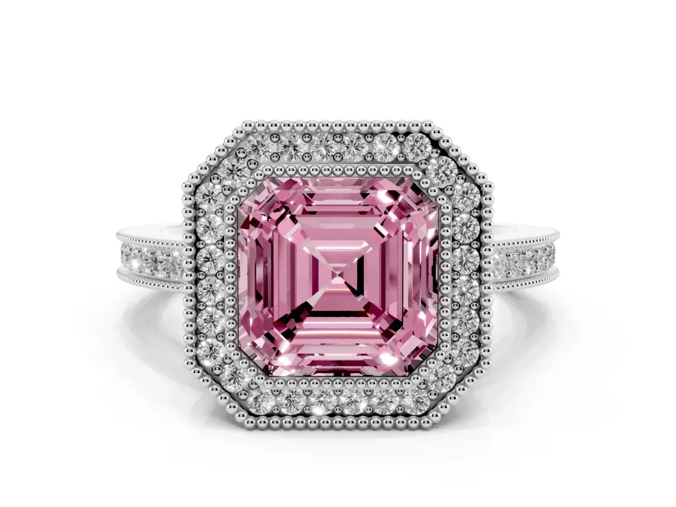 Fancy Pink Asscher Cut Diamond Halo Ring Set in Silver with Pavé Band and Milgrain-Edged Prongs