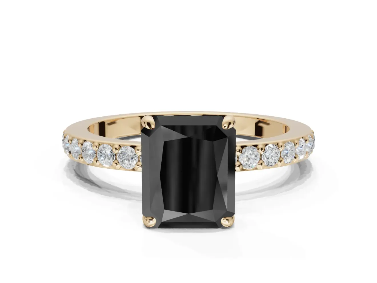 Radiant Cut Hidden Halo Engagement Ring Setting for a Black Center | Pavé Band | Yellow Gold