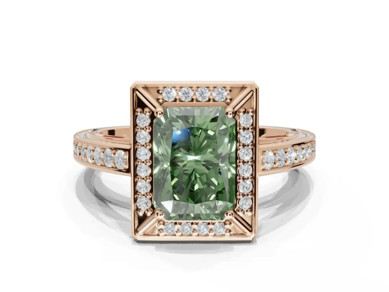 Radiant Cut Sectioned Halo Engagement Ring Setting for a Fancy Green Lab-Grown Diamond | Rose Gold