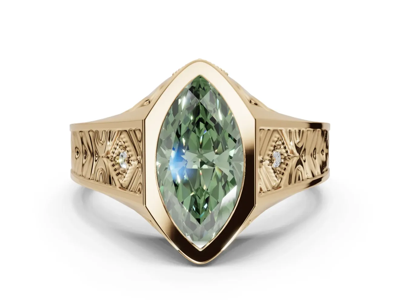 Marquise Vintage Bezel Engagement Ring Setting for a Fancy Green Lab-Grown Diamond | Engraved Band | Yellow Gold