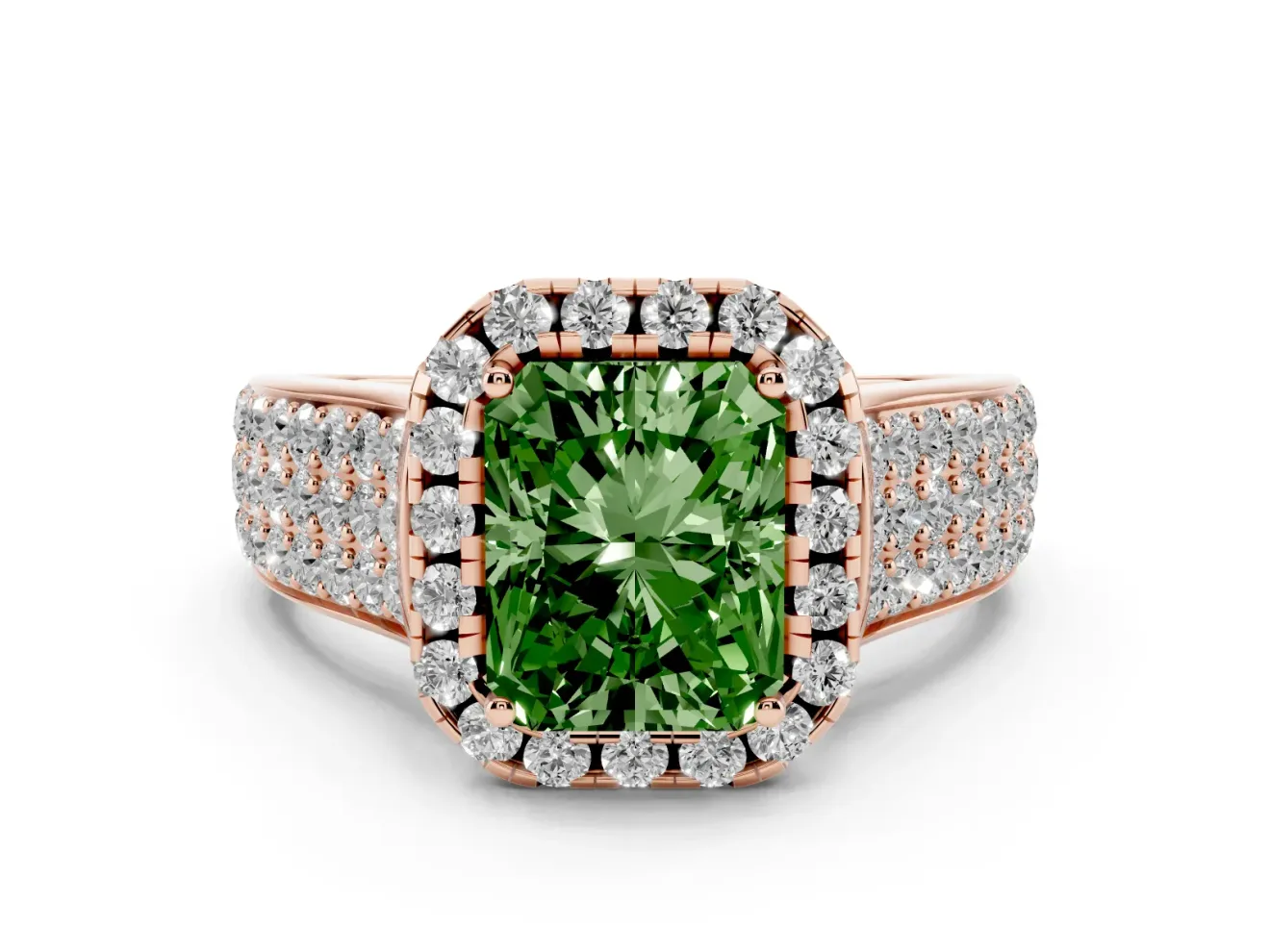 Radiant Cut Pavé Engagement Ring Setting for a Fancy Green Lab-Grown Diamond | Wide Three-Row Band | Rose Gold