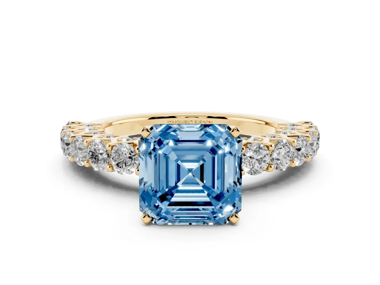 Fancy Blue Asscher Cut Diamond Solitaire Ring Set in Yellow gold with Shared Prong Pavé Band