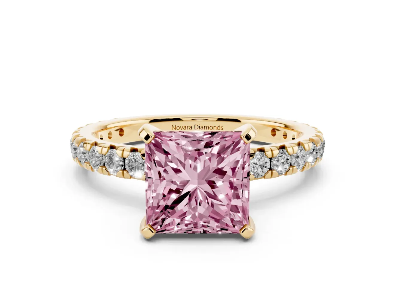 Princess Cut Pavé Solitaire Engagement Ring Setting for a Fancy Pink Lab-Grown Diamond | Shared Prong Band | Yellow Gold