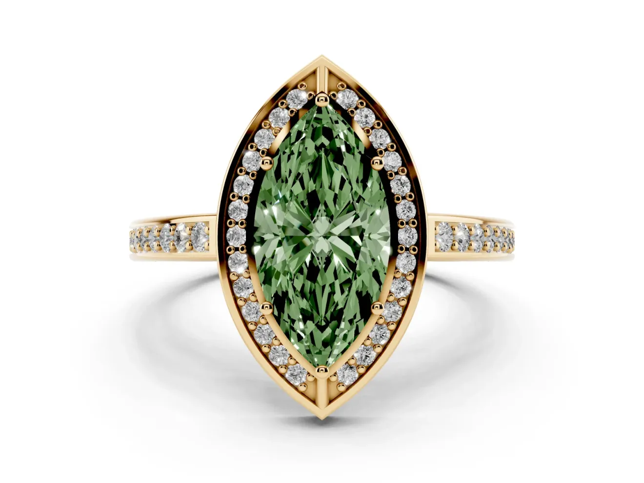 Marquise Sectioned Halo Engagement Ring Setting for a Fancy Green Lab-Grown Diamond | Yellow Gold