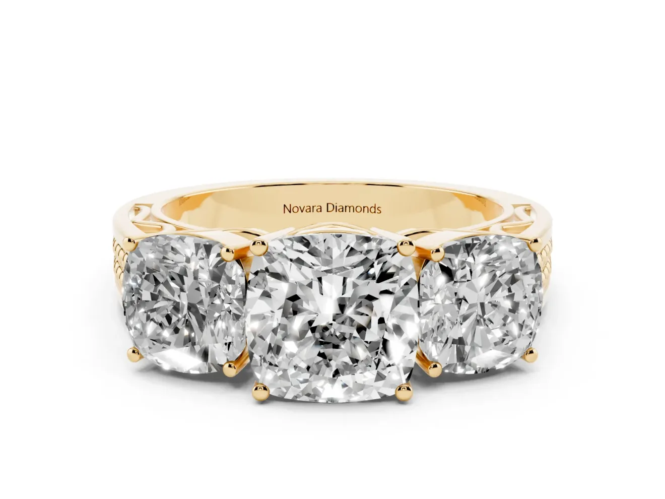 Cushion Cut Diamond Three-Stone Ring Set in Yellow gold with Textured Band