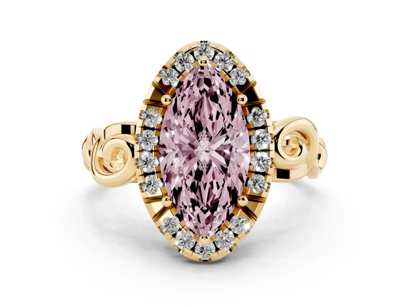 Fancy Pink Marquise Cut Diamond Halo Ring Set in Yellow gold with Scrollwork Band and Prong Setting