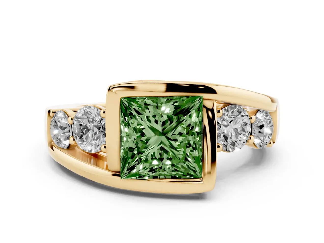 Fancy Green Princess Cut Diamond Bezel Bypass Ring Set in Yellow gold with Round Accents