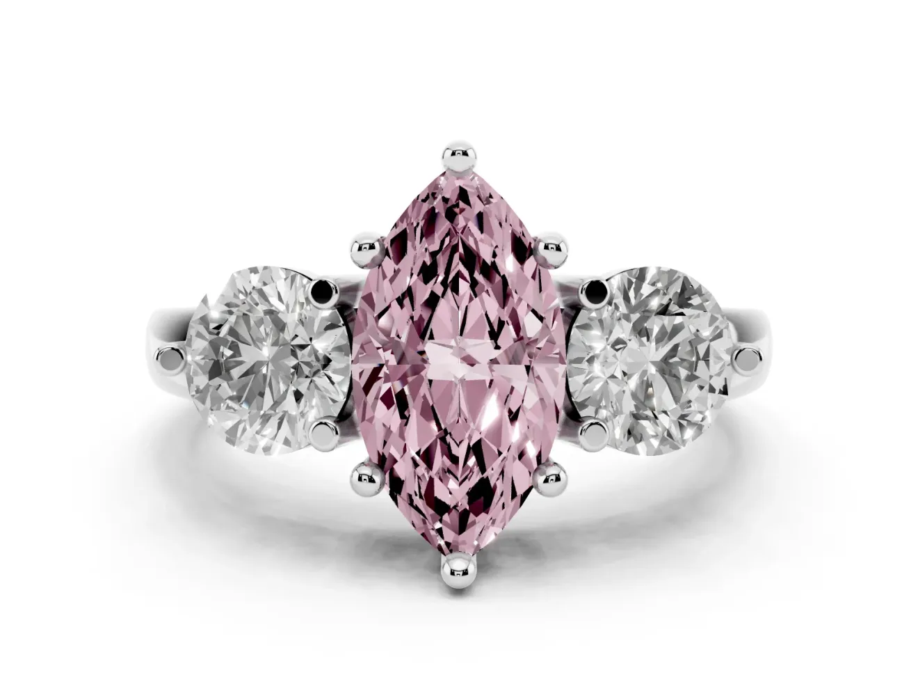 Fancy Pink Marquise Cut Diamond Three-Stone Ring Set in Platinum with Prong Setting and Classic Band