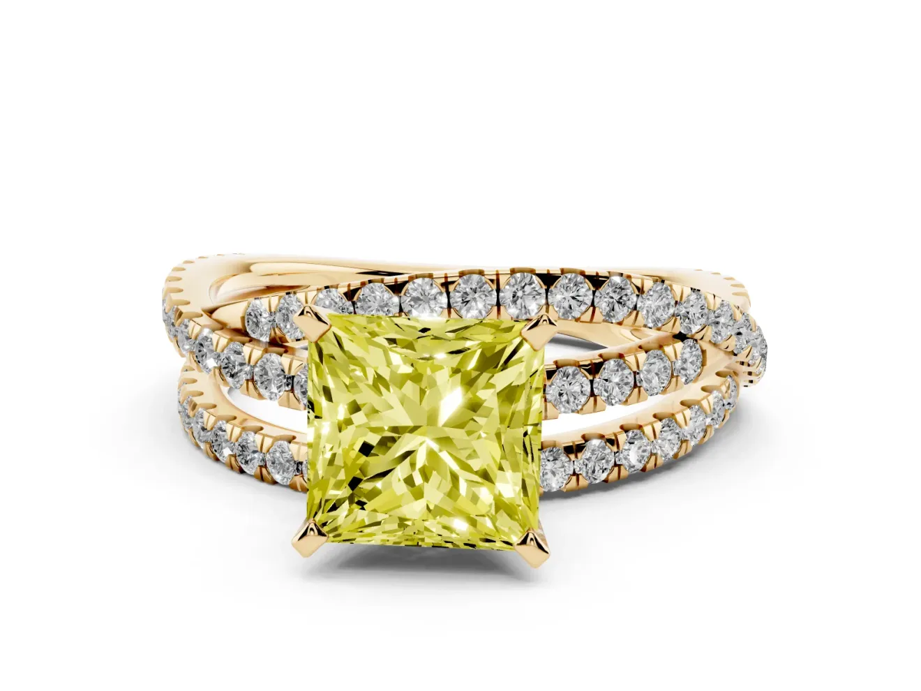 Princess Cut Twisted Pavé Engagement Ring Setting for a Fancy Yellow Lab-Grown Diamond | Yellow Gold