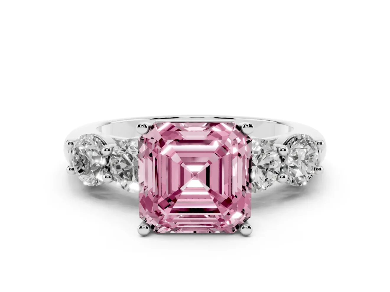 Asscher Cut Five Stone Engagement Ring Setting for a Fancy Pink Lab-Grown Diamond | Prong Set Side Stones | White Gold