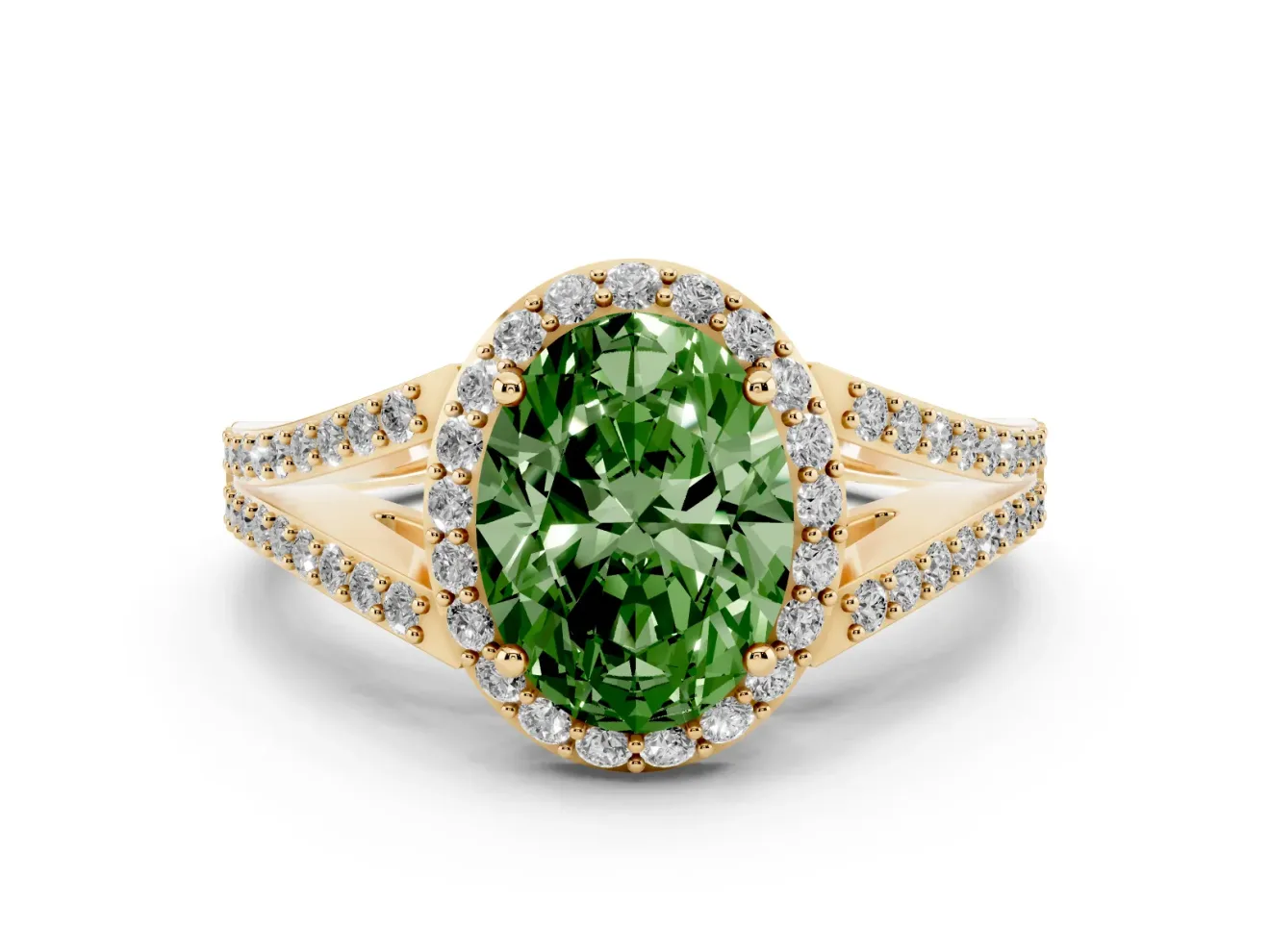 Oval Split Shank Halo Engagement Ring Setting for a Fancy Green Lab-Grown Diamond | Yellow Gold