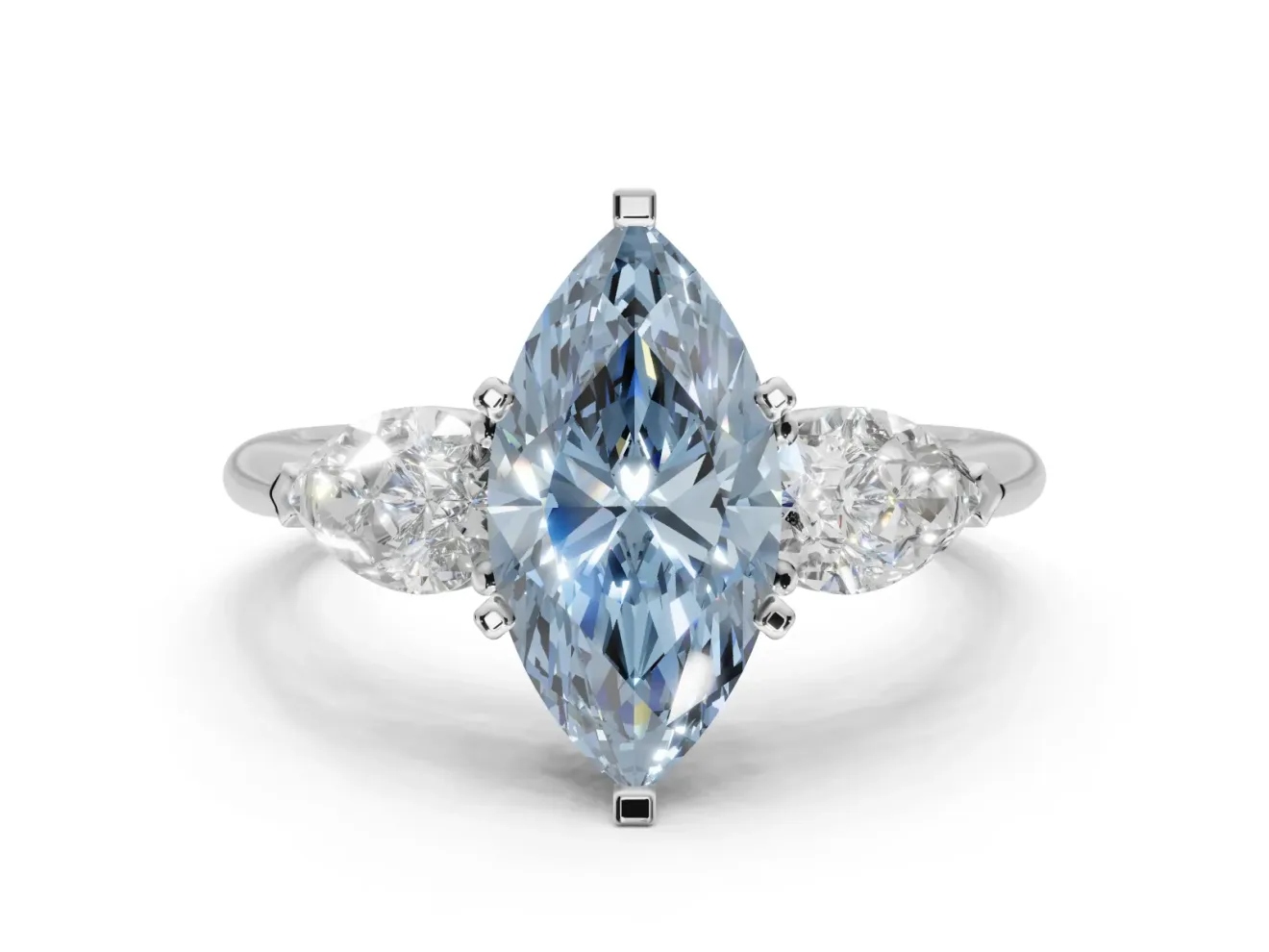 Marquise Three-Stone Ring Setting for a Fancy Blue Lab-Grown Diamond | Pear Side Stones | Platinum
