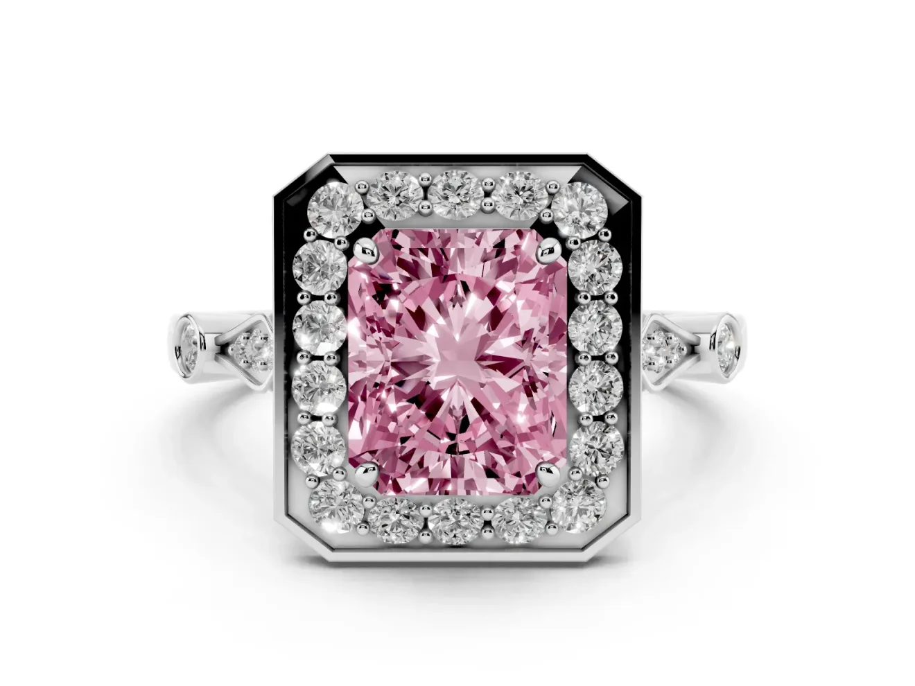 Radiant Cut Halo Engagement Ring Setting for a Fancy Pink Lab-Grown Diamond | Bezel Station Shoulders | Sterling Silver