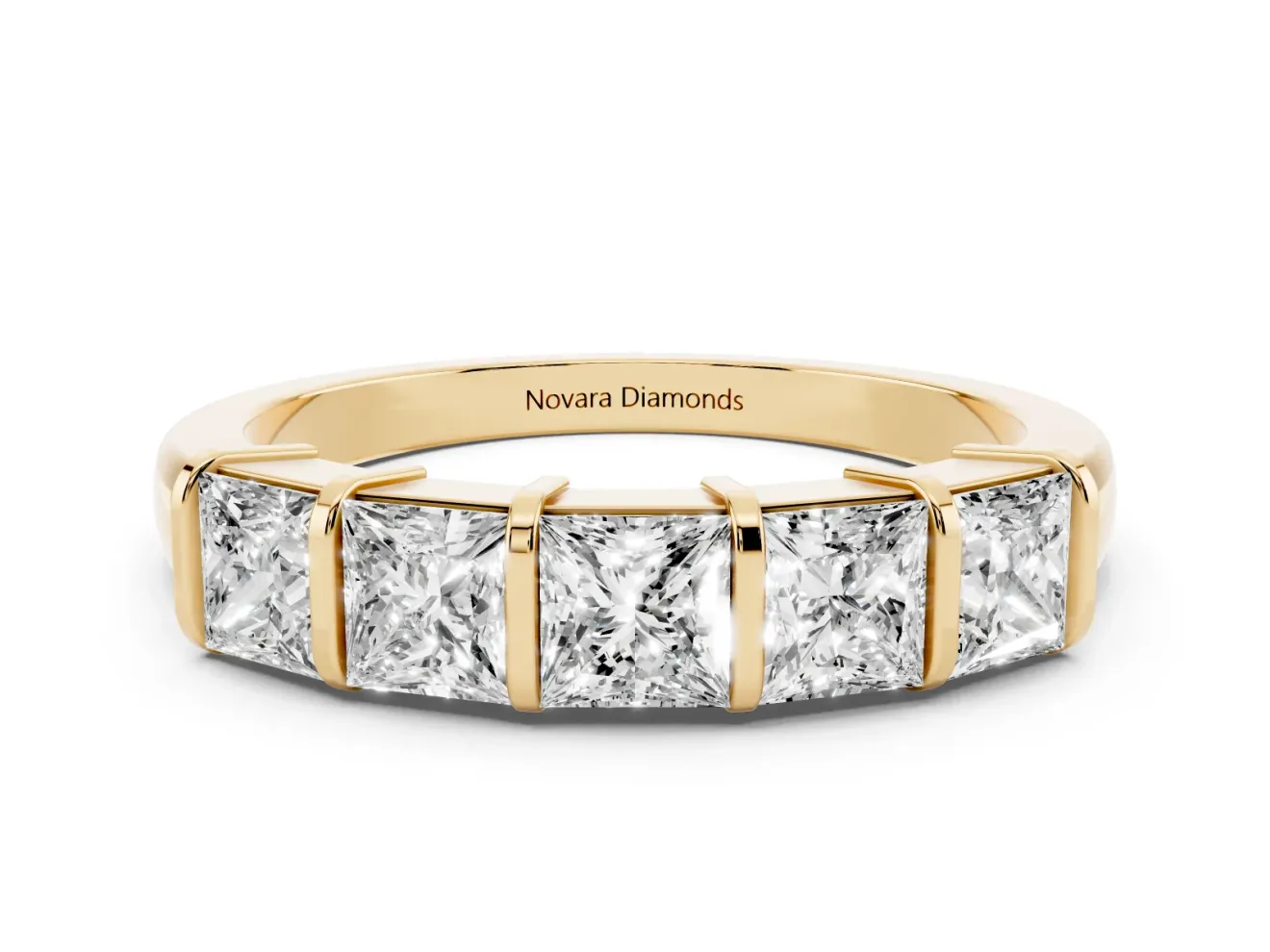 Princess Cut Diamond Seven-Stone Channel Band Set in Yellow gold with Bar Prongs