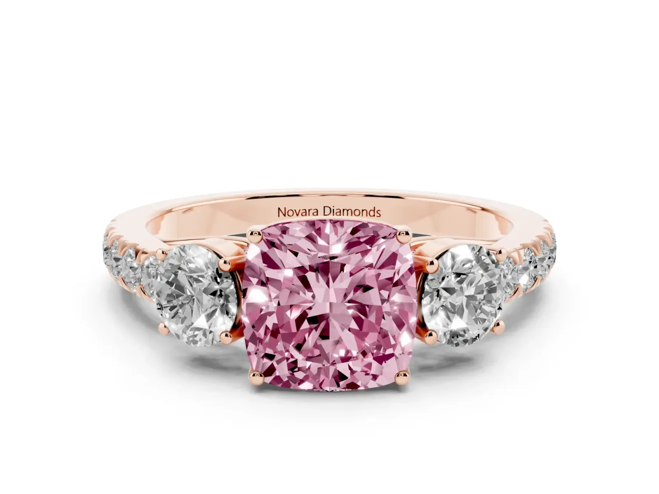 Cushion Cut Engagement Ring Setting for a Fancy Pink Lab-Grown Diamond | Three Stone | Rose Gold