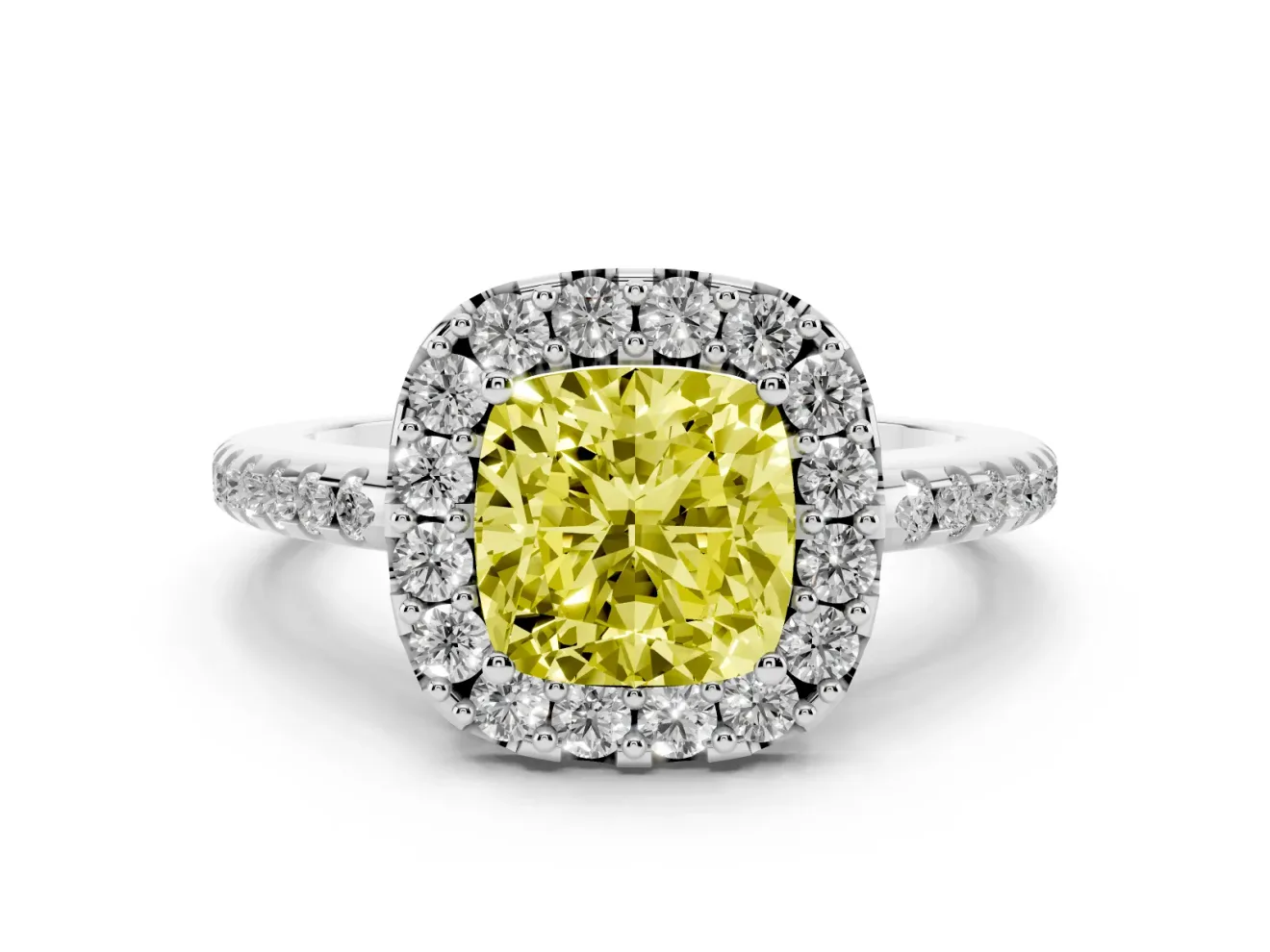 Cushion Cut Pave Halo Engagement Ring Setting for a Fancy Yellow Lab-Grown Diamond | Pave Band | White Gold