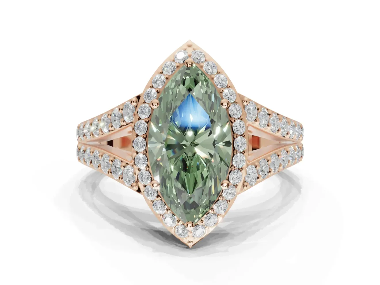 Marquise Halo Pavé Engagement Ring Setting for a Fancy Green Lab-Grown Diamond | Narrow Split Shank | Rose Gold