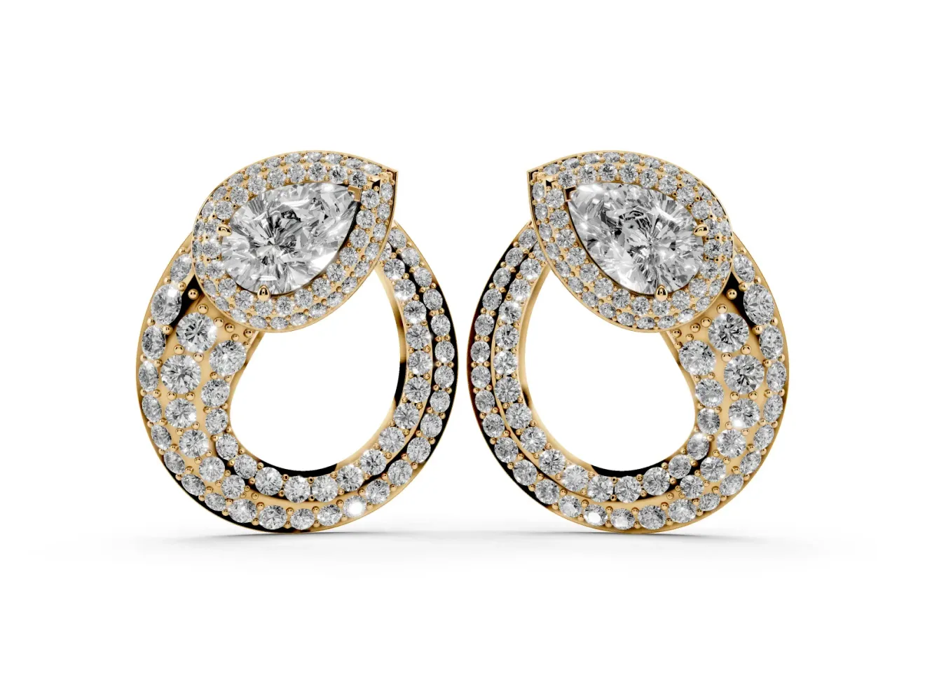 Pear-Shaped Lab-Grown Diamond Double Halo Open Teardrop Stud Earrings | Pavé Loop | Yellow Gold