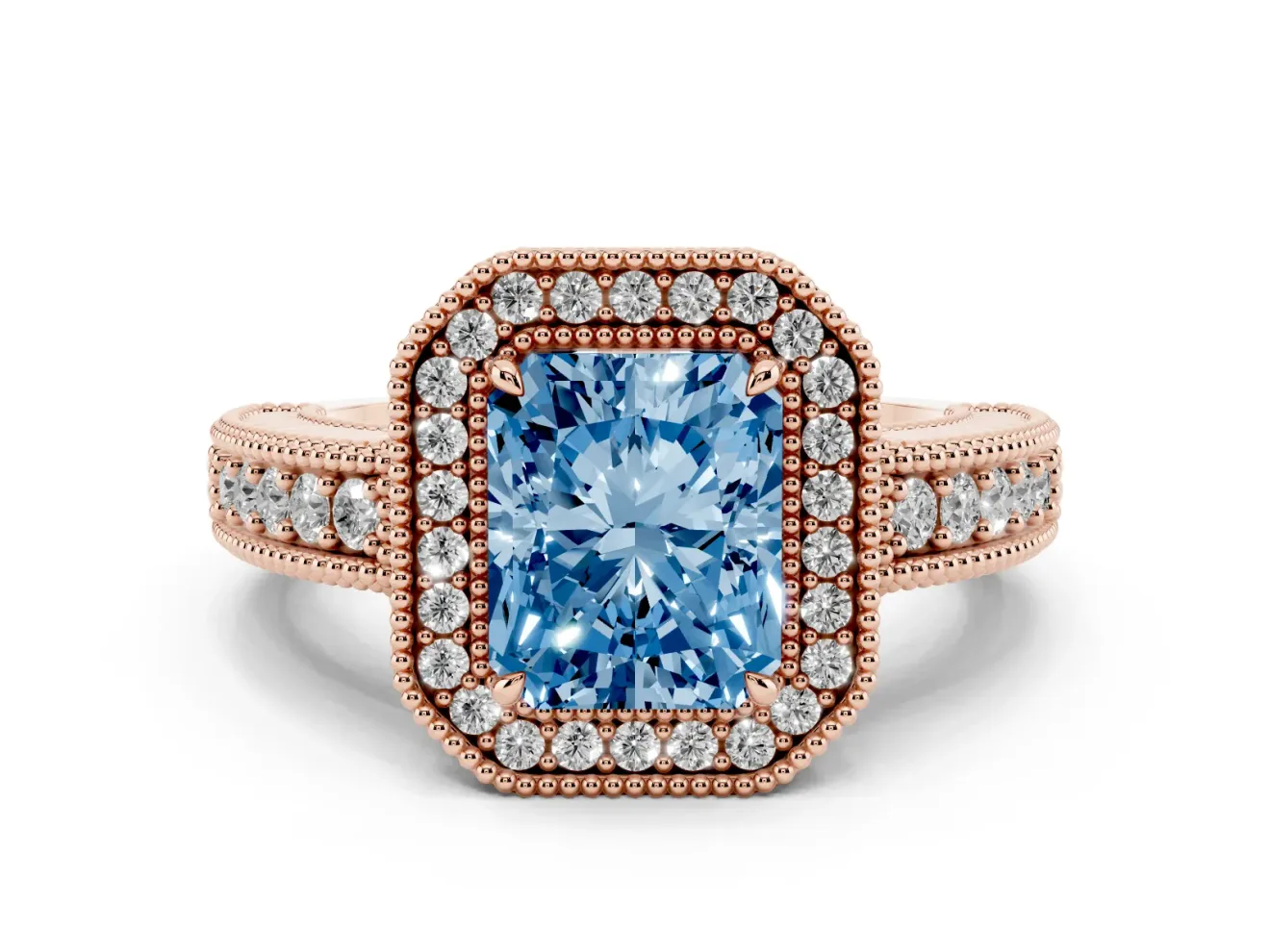 Radiant Cut Halo Engagement Ring Setting for a Fancy Blue Lab-Grown Diamond | Rose Gold