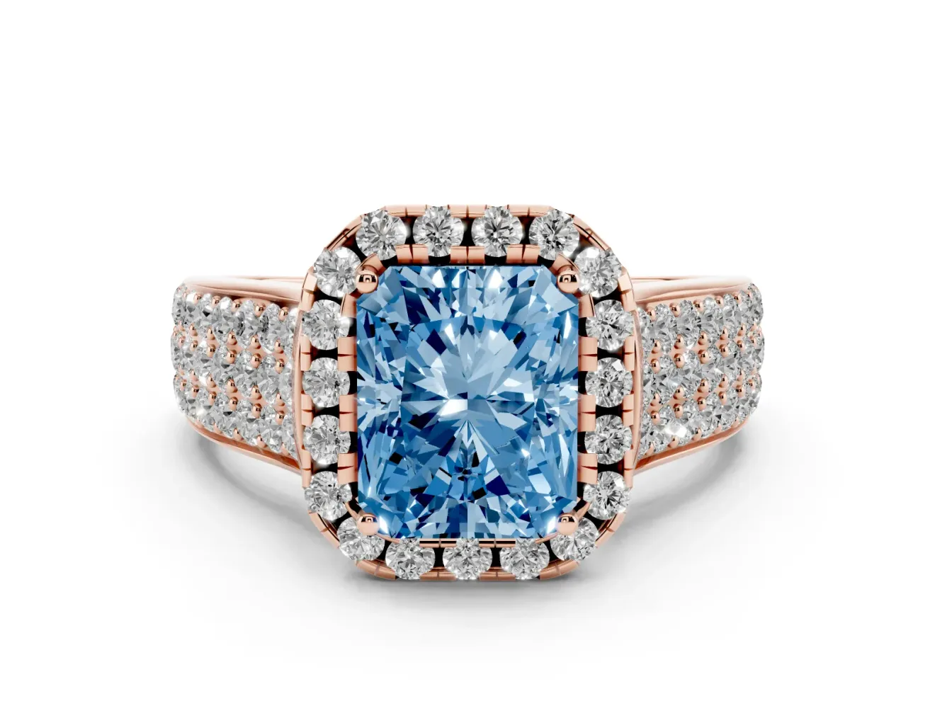 Radiant Cut Pavé Engagement Ring Setting for a Fancy Blue Lab-Grown Diamond | Wide Three-Row Band | Rose Gold