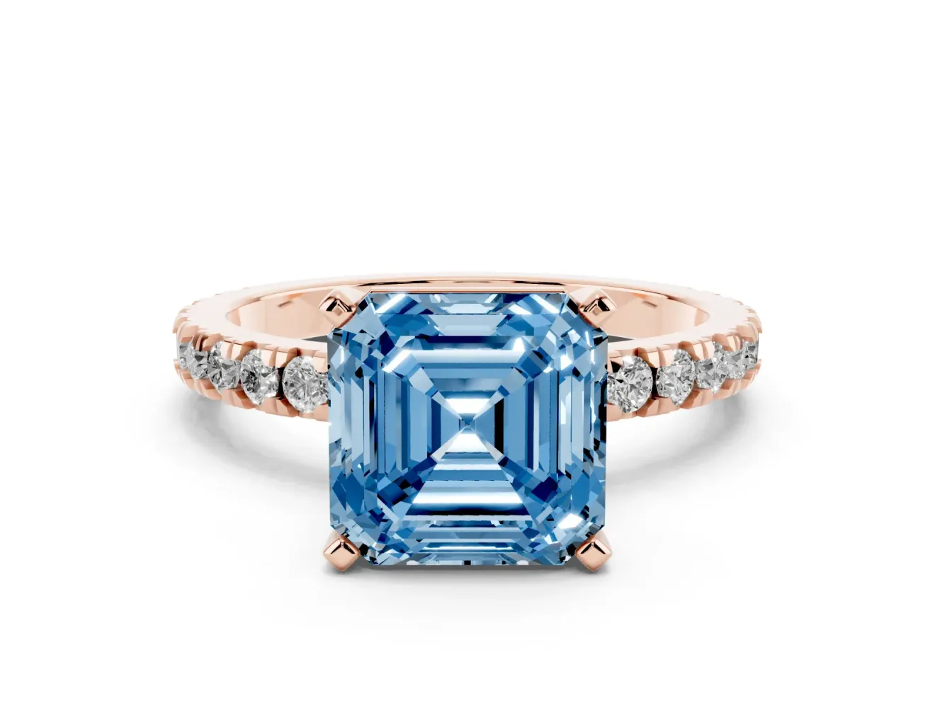 Fancy Blue Asscher Cut Diamond Pavé Band Solitaire Set in Rose gold with Prong Setting