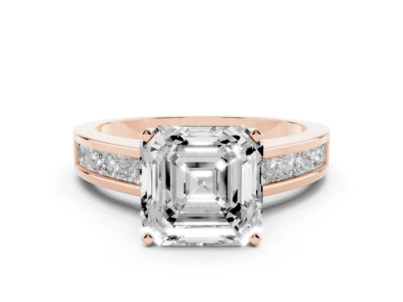 Asscher Cut Diamond Solitaire Ring Set in Rose gold with Channel-Set Band and Prong Setting