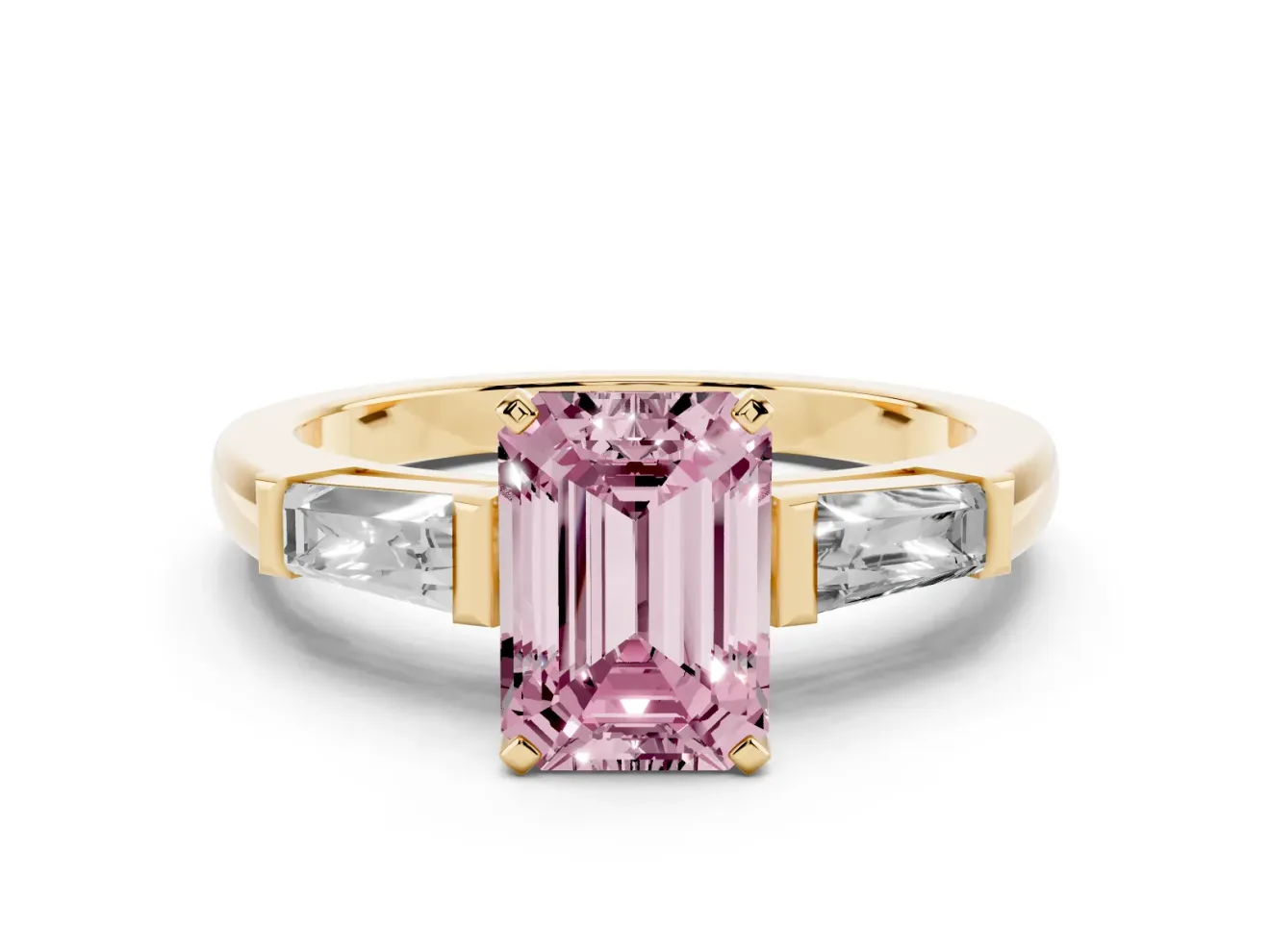 Emerald Cut Three Stone Engagement Ring Setting for a Fancy Pink Lab-Grown Diamond | Tapered Baguettes | Yellow Gold