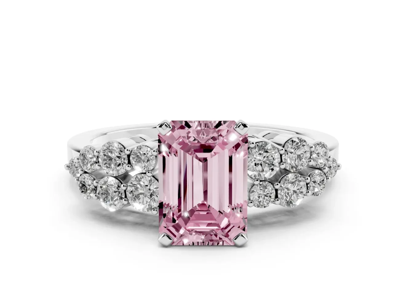 Fancy Pink Emerald Cut Diamond Cluster Engagement Ring Set in Silver with Pavé Band and Prong Setting